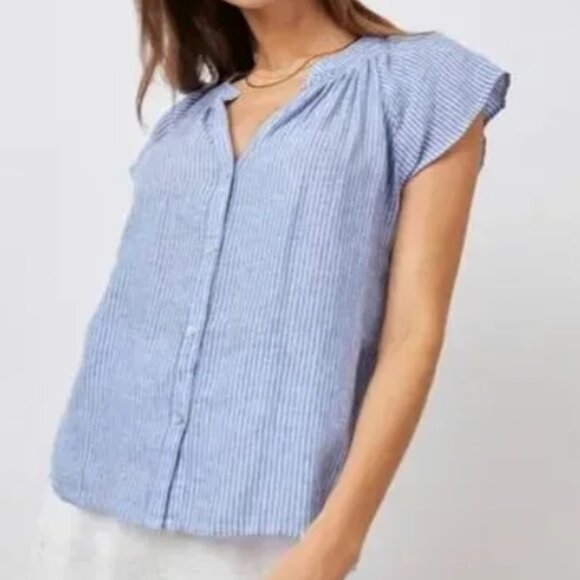 Grand & Greene Blue and White Flutter Sleeve Button Down Shirt - Picture 1 of 8